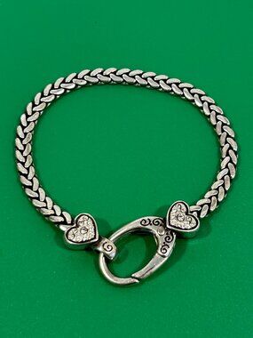 Brighton HEART CRYSTAL Silver Bracelet Charm Holder Scrolled Open Oval - 8" Long